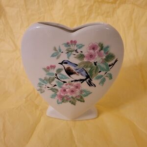 Vintage Heart Shaped Ceramic Bud Vase Bird & Flowers Gift For Mom Sister Aunt GF